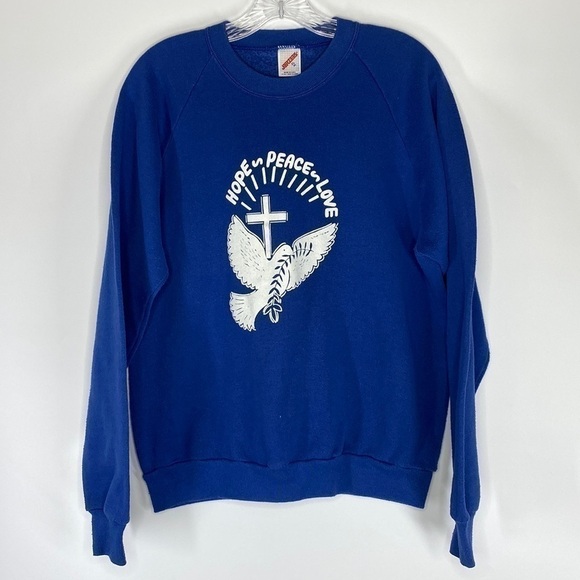 Vintage Jerzees Hope Peace Love Blue Raglan Sleeve Sweatshirt XL - Picture 1 of 6
